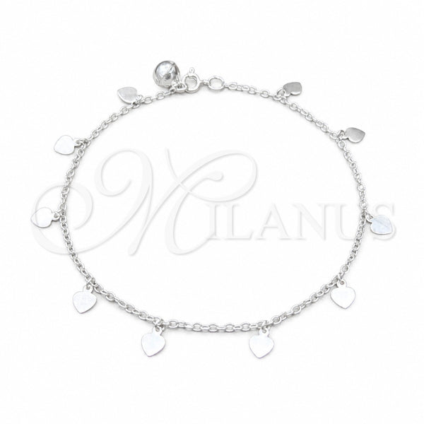 Sterling Silver Charm Anklet , Heart Design, Polished, Silver Finish, 03.409.0148.10 (03 MM Thickness, 10 Inches Length)