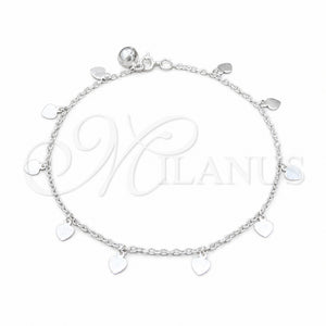 Sterling Silver Charm Anklet , Heart Design, Polished, Silver Finish, 03.409.0148.10 (03 MM Thickness, 10 Inches Length)