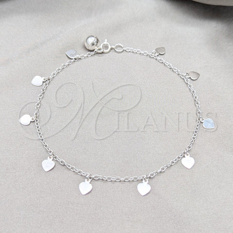 Sterling Silver Charm Anklet , Heart Design, Polished, Silver Finish, 03.409.0148.10 (03 MM Thickness, 10 Inches Length)