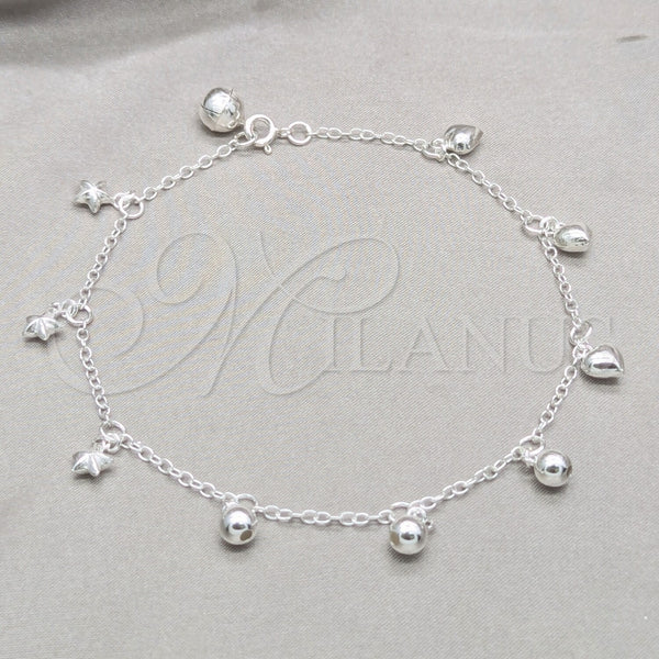Sterling Silver Fancy Anklet, Ball and Star Design, Polished, Silver Finish, 03.409.0149.10