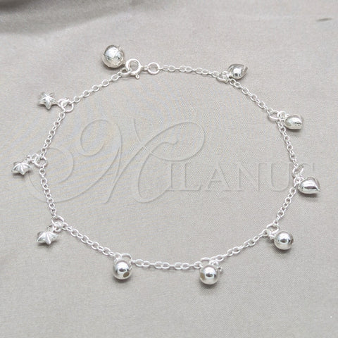 Sterling Silver Fancy Anklet, Ball and Star Design, Polished, Silver Finish, 03.409.0149.10