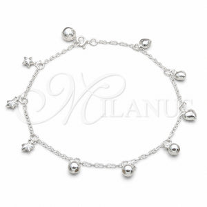 Sterling Silver Charm Anklet , Ball and Star Design, Polished, Silver Finish, 03.409.0149.10 (03 MM Thickness, 10 Inches Length)