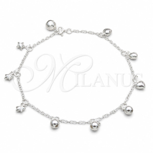 Sterling Silver Charm Anklet , Ball and Star Design, Polished, Silver Finish, 03.409.0149.10 (03 MM Thickness, 10 Inches Length)