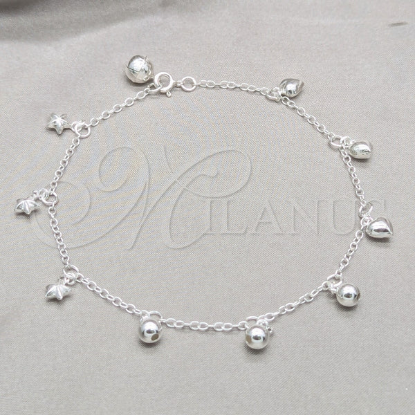Sterling Silver Charm Anklet , Ball and Star Design, Polished, Silver Finish, 03.409.0149.10 (03 MM Thickness, 10 Inches Length)