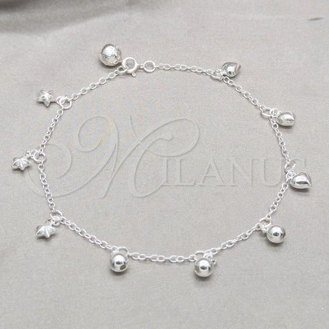 Sterling Silver Charm Anklet , Ball and Star Design, Polished, Silver Finish, 03.409.0149.10 (03 MM Thickness, 10 Inches Length)