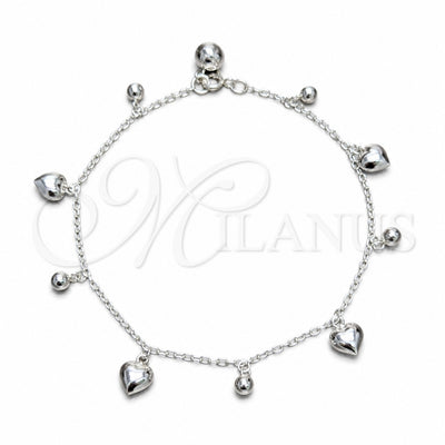 Sterling Silver Charm Anklet, Heart and Ball Design, Polished, Silver Finish, 03.409.0150.10 (03 MM Thickness for wholesale, main product view