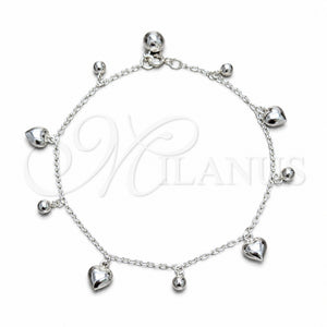Sterling Silver Charm Anklet , Heart and Ball Design, Polished, Silver Finish, 03.409.0150.10 (03 MM Thickness, 10 Inches Length)