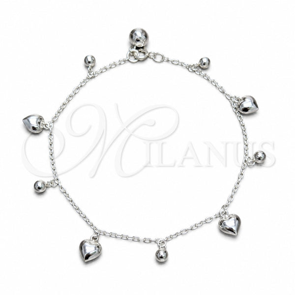 Sterling Silver Charm Anklet , Heart and Ball Design, Polished, Silver Finish, 03.409.0150.10 (03 MM Thickness, 10 Inches Length)