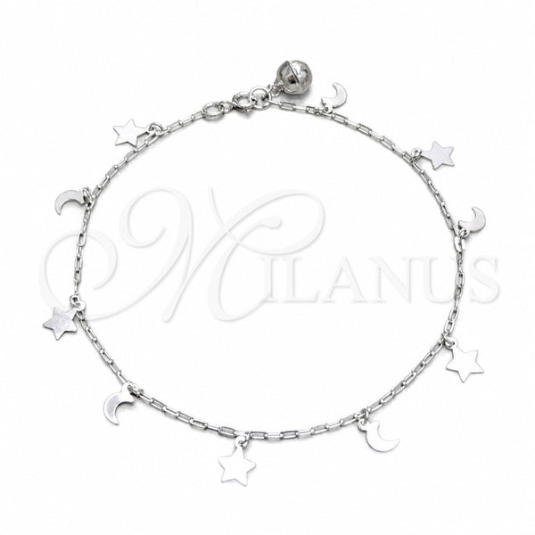 Sterling Silver Charm Anklet , Moon and Star Design, Polished, Silver Finish, 03.409.0151.10 (03 MM Thickness, 10 Inches Length)