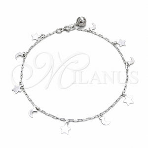 Sterling Silver Charm Anklet , Moon and Star Design, Polished, Silver Finish, 03.409.0151.10 (03 MM Thickness, 10 Inches Length)