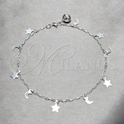 Sterling Silver Charm Anklet , Moon and Star Design, Polished, Silver Finish, 03.409.0151.10 (03 MM Thickness, 10 Inches Length)