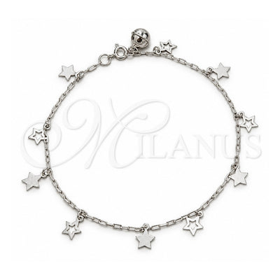 Sterling Silver Charm Anklet , Star Design, Polished, Silver Finish, 03.409.0153.10 (03 MM Thickness, 10 Inches Length)