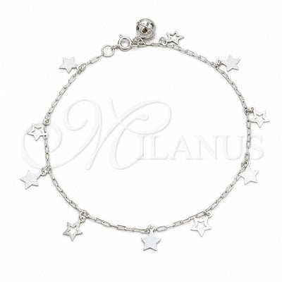 Sterling Silver Charm Anklet, Star Design, Polished, Silver Finish, 03.409.0153.10 (03 MM Thickness, 10 Inches for wholesale, main product view