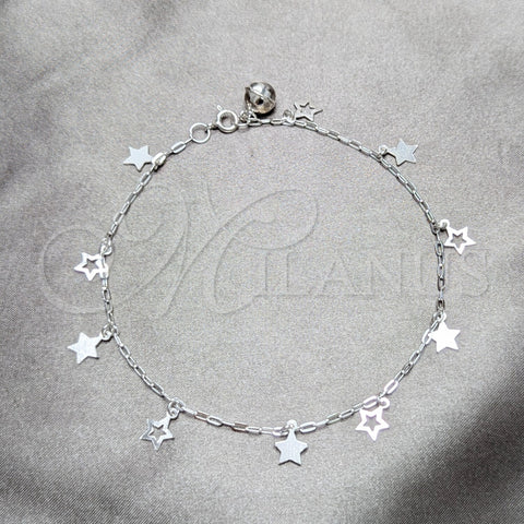 Sterling Silver Charm Anklet , Star Design, Polished, Silver Finish, 03.409.0153.10 (03 MM Thickness, 10 Inches Length)