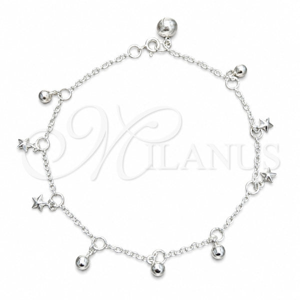 Sterling Silver Charm Anklet , Star and Ball Design, Polished, Silver Finish, 03.409.0154.10 (03 MM Thickness, 10 Inches Length)