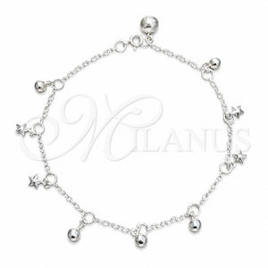 Sterling Silver Charm Anklet , Star and Ball Design, Polished, Silver Finish, 03.409.0154.10 (03 MM Thickness, 10 Inches Length)