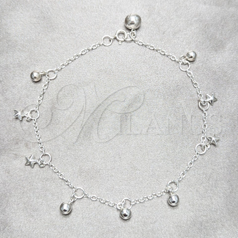 Sterling Silver Charm Anklet , Star and Ball Design, Polished, Silver Finish, 03.409.0154.10 (03 MM Thickness, 10 Inches Length)