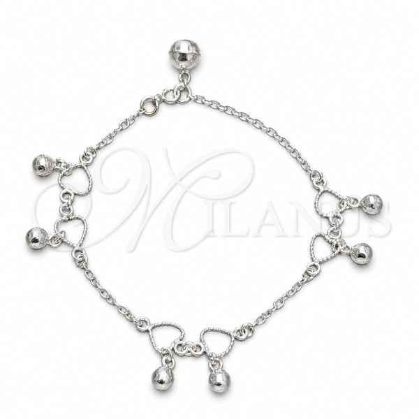 Sterling Silver Charm Bracelet, Heart and Ball Design, Polished, Silver Finish, 03.409.0156.07 (03 MM Thickness, 7 Inches Length)