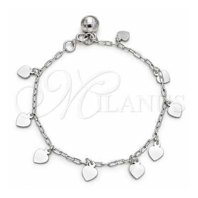 Sterling Silver Charm Bracelet, Heart Design, Polished, Silver Finish, 03.409.0157.07 (03 MM Thickness, 7 Inches Length)