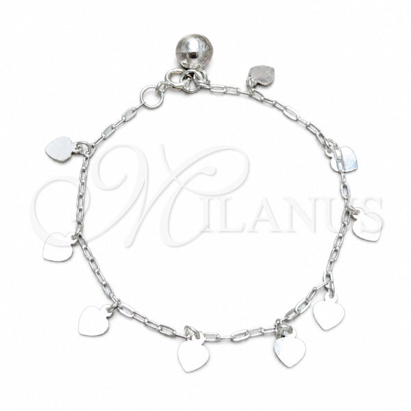 Sterling Silver Charm Bracelet, Heart Design, Polished, Silver Finish, 03.409.0157.07 (03 MM Thickness, 7 Inches Length)