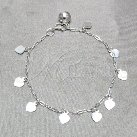Sterling Silver Charm Bracelet, Heart Design, Polished, Silver Finish, 03.409.0157.07 (03 MM Thickness, 7 Inches Length)