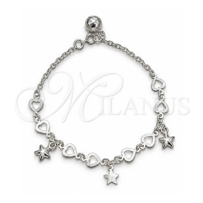 Sterling Silver Charm Bracelet, Star and Heart Design, Polished, Silver Finish, 03.409.0158.07 (03 MM Thickness, 7 Inches Length)