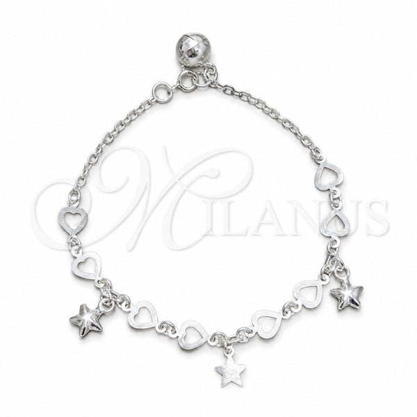 Sterling Silver Bracelet — Charm Bracelet Star and Heart Design Polished 03. — main product view — SKU 158234 | Plata 925 brazalete — Charm Bracelet estrella and corazón diseño pulido 03. — SKU 158234