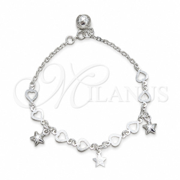Sterling Silver Charm Bracelet, Star and Heart Design, Polished, Silver Finish, 03.409.0158.07 (03 MM Thickness, 7 Inches Length)
