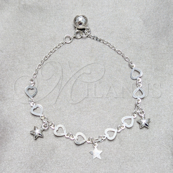 Sterling Silver Bracelet — Charm Bracelet Star and Heart Design Polished 03. — main product view — SKU 158234 | Plata 925 brazalete — Charm Bracelet estrella and corazón diseño pulido 03. — SKU 158234