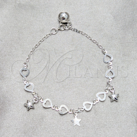 Sterling Silver Charm Bracelet, Star and Heart Design, Polished, Silver Finish, 03.409.0158.07 (03 MM Thickness, 7 Inches Length)