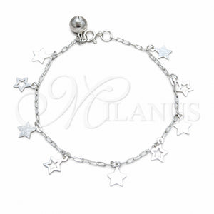 Sterling Silver Charm Bracelet, Star Design, Polished, Silver Finish, 03.409.0163.07 (03 MM Thickness, 7 Inches Length)