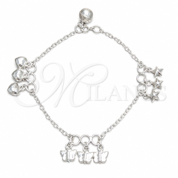 Sterling Silver Charm Bracelet, Butterfly and Star Design, Polished, Silver Finish, 03.409.0164.07 (03 MM Thickness, 7 Inches Length)