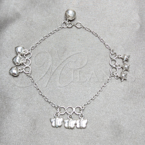 Sterling Silver Charm Bracelet, Butterfly and Star Design, Polished, Silver Finish, 03.409.0164.07 (03 MM Thickness, 7 Inches Length)
