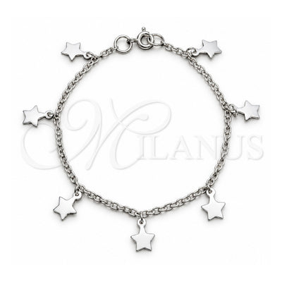Sterling Silver Charm Bracelet, Star Design, Polished, Silver Finish, 03.409.0165.07 (03 MM Thickness, 7 Inches Length)