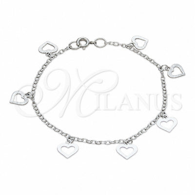 Sterling Silver Charm Bracelet, Heart Design, Polished, Silver Finish, 03.409.0166.07 (03 MM Thickness, 7 for wholesale, main product view