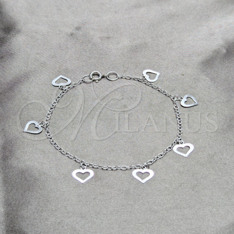Sterling Silver Charm Bracelet, Heart Design, Polished, Silver Finish, 03.409.0166.07 (03 MM Thickness, 7 Inches Length)