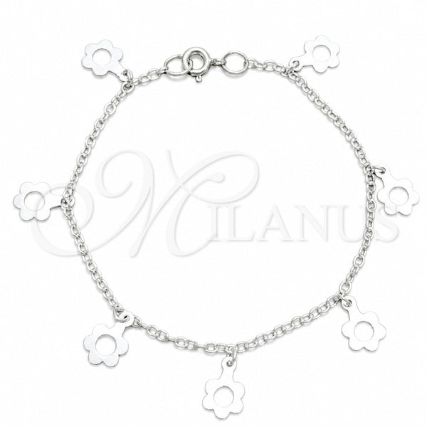 Sterling Silver Charm Bracelet, Flower Design, Polished, Silver Finish, 03.409.0167.07 (03 MM Thickness, 7 Inches Length)