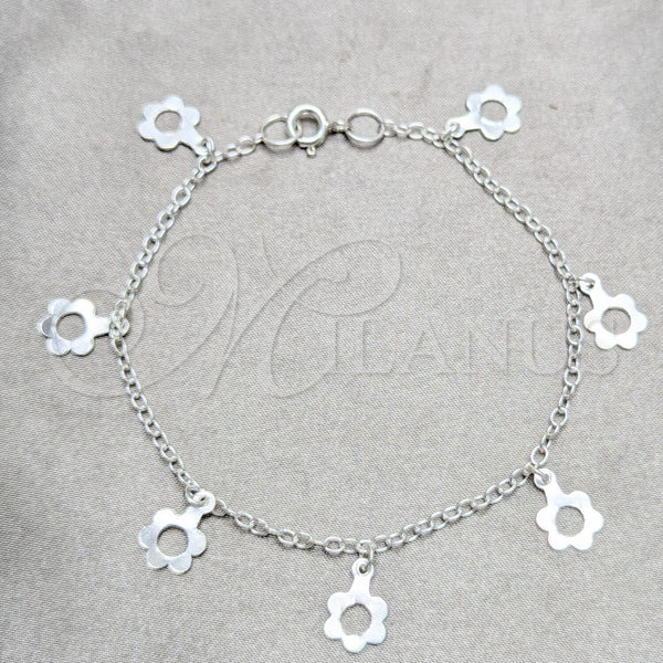 Sterling Silver Charm Bracelet, Flower Design, Polished, Silver Finish, 03.409.0167.07 (03 MM Thickness, 7 Inches Length)