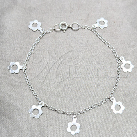 Sterling Silver Charm Bracelet, Flower Design, Polished, Silver Finish, 03.409.0167.07 (03 MM Thickness, 7 Inches Length)