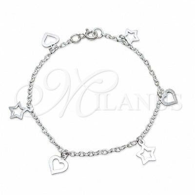 Sterling Silver Charm Bracelet, Star and Heart Design, Polished, Silver Finish, 03.409.0169.07 (03 MM for wholesale, main product view