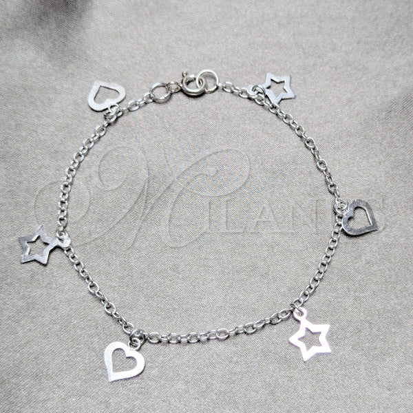 Sterling Silver Bracelet — Charm Bracelet Star and Heart Design Polished 03. — main product view — SKU 158245 | Plata 925 brazalete — Charm Bracelet estrella and corazón diseño pulido 03. — SKU 158245