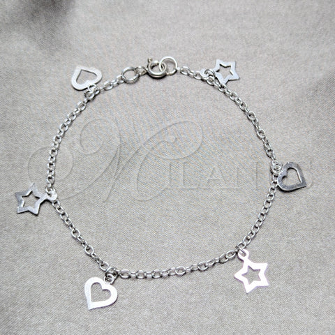 Sterling Silver Charm Bracelet, Star and Heart Design, Polished, Silver Finish, 03.409.0169.07 (03 MM Thickness, 7 Inches Length)