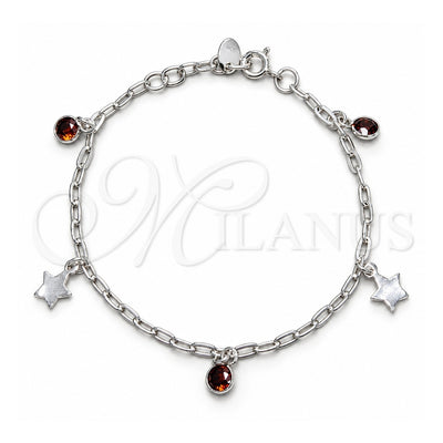 Sterling Silver Charm Bracelet, Star Design, with Garnet Cubic Zirconia, Polished, Silver Finish, 03.409.0171.07 (03 MM Thickness, 7 Inches Length)