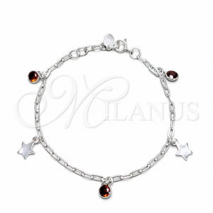 Sterling Silver Charm Bracelet, Star Design, with Garnet Cubic Zirconia, Polished, Silver Finish, 03.409.0171.07 (03 MM Thickness, 7 Inches Length)