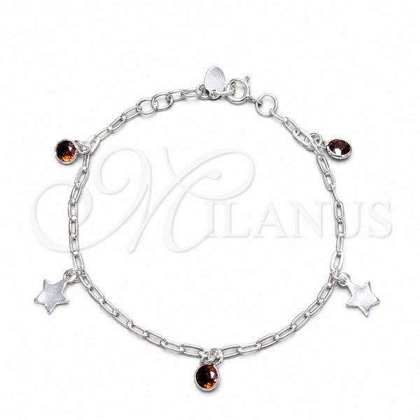 Sterling Silver Charm Bracelet, Star Design, with Garnet Cubic Zirconia, Polished, Silver Finish, 03.409.0171.07 (03 MM Thickness, 7 Inches Length)
