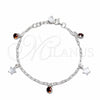 Sterling Silver Charm Bracelet, Star Design, with Garnet Cubic Zirconia, Polished, Silver Finish, 03.409.0171.07 (03 MM Thickness, 7 Inches Length)