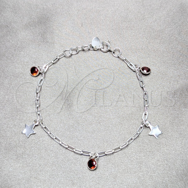 Sterling Silver Charm Bracelet, Star Design, with Garnet Cubic Zirconia, Polished, Silver Finish, 03.409.0171.07 (03 MM Thickness, 7 Inches Length)
