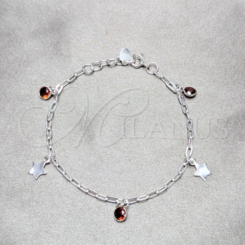 Sterling Silver Charm Bracelet, Star Design, with Garnet Cubic Zirconia, Polished, Silver Finish, 03.409.0171.07 (03 MM Thickness, 7 Inches Length)