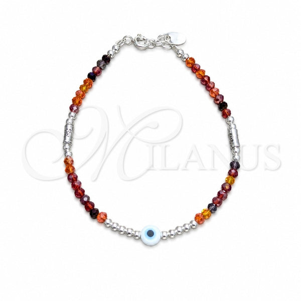 Sterling Silver Fancy Bracelet, Ball and Evil Eye Design, with Orange Red Crystal, Polished, Silver Finish, 03.409.0177.07 (03 MM Thickness, 7 Inches Length)
