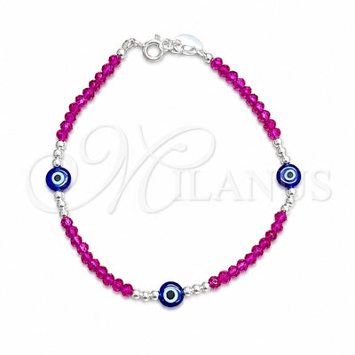 Sterling Silver Fancy Bracelet, Ball and Evil Eye Design, with Fuchsia Crystal, Polished, Silver Finish for wholesale, main product view